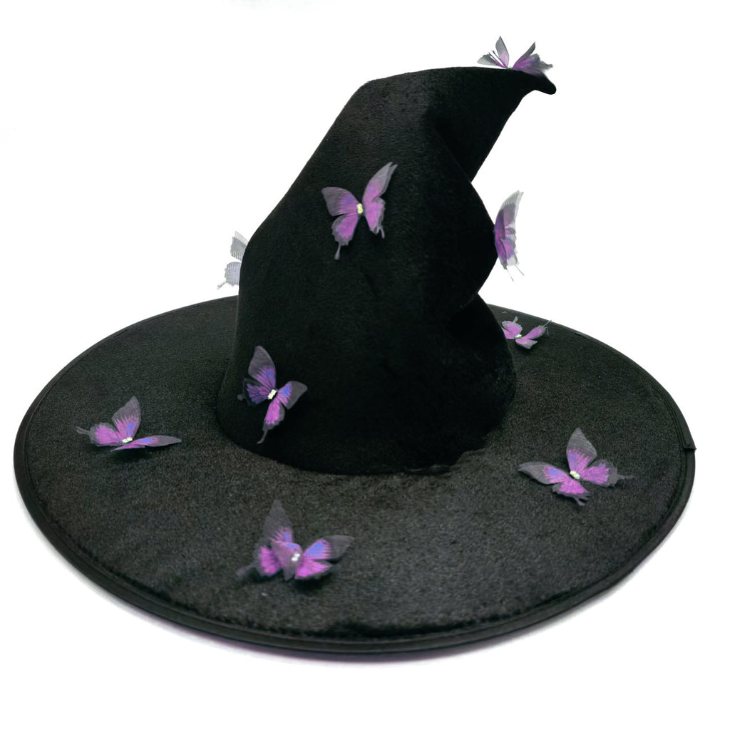 Velvet Witch Hat With Butterfly Accents - PBlack - 1