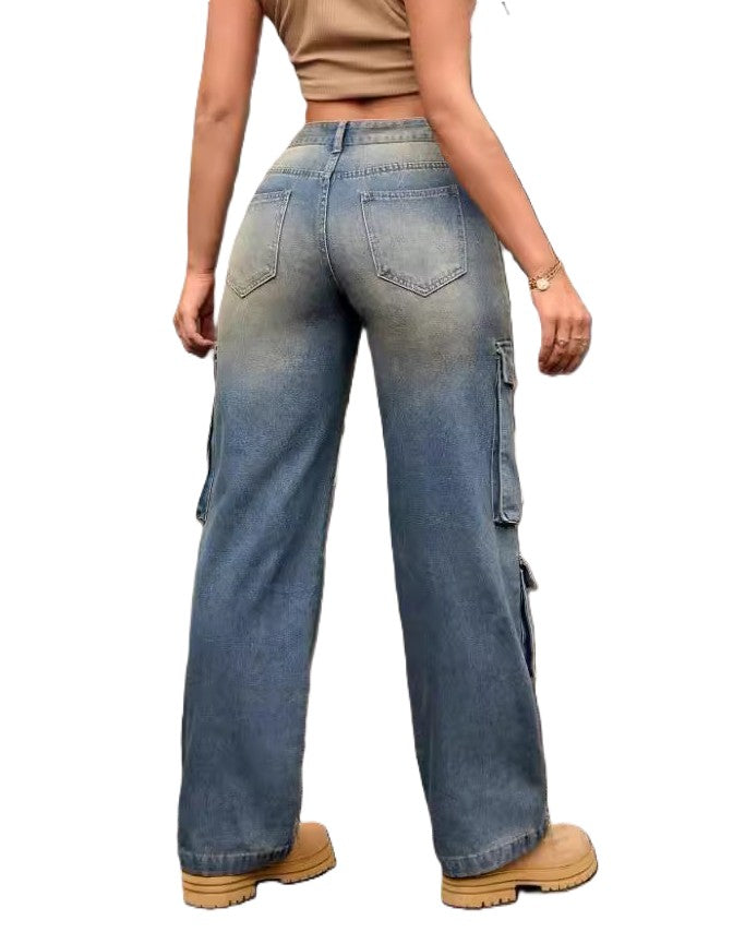 Vintage Wash Cargo Pocket Straight Leg Jeans - Blue - 1