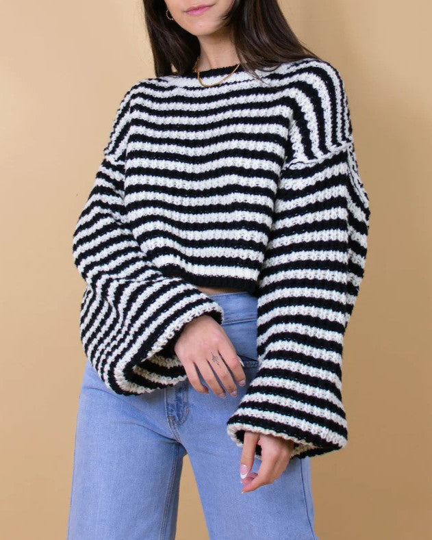 Striped Balloon Sleeve Cropped Knit Sweater - Black
