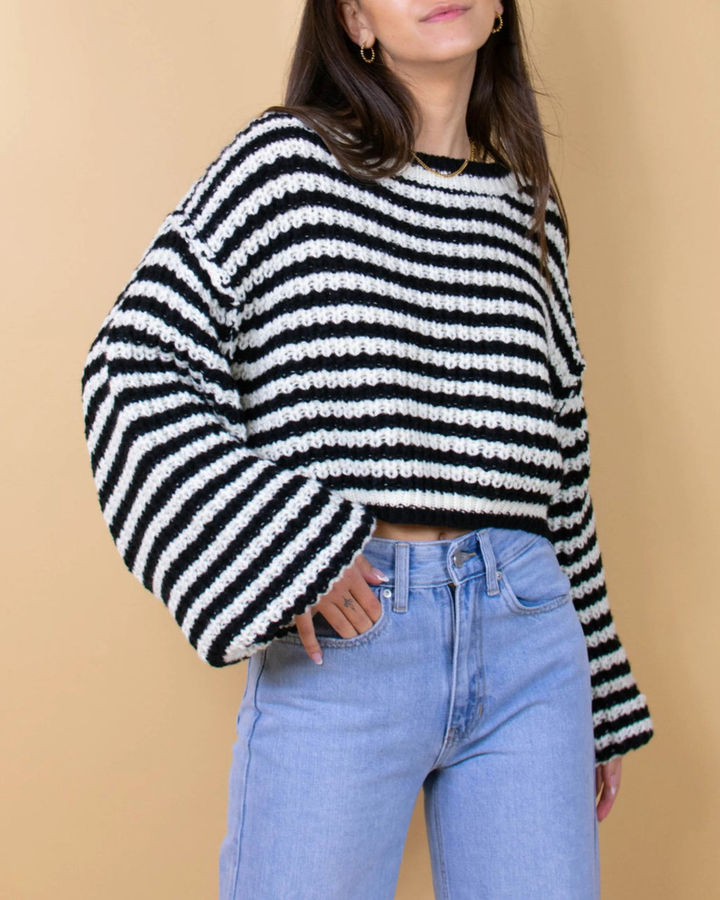 Striped Balloon Sleeve Cropped Knit Sweater - Black - 1