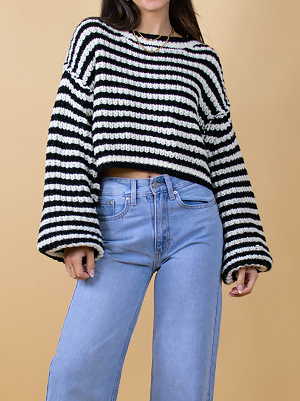 Striped Balloon Sleeve Cropped Knit Sweater - Black - 2