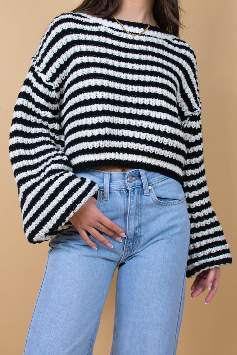 Striped Balloon Sleeve Cropped Knit Sweater - Black - 3