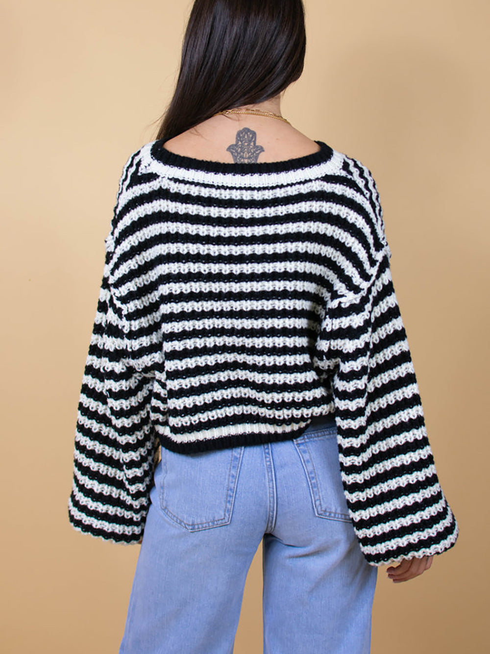 Striped Balloon Sleeve Cropped Knit Sweater - Black - 4