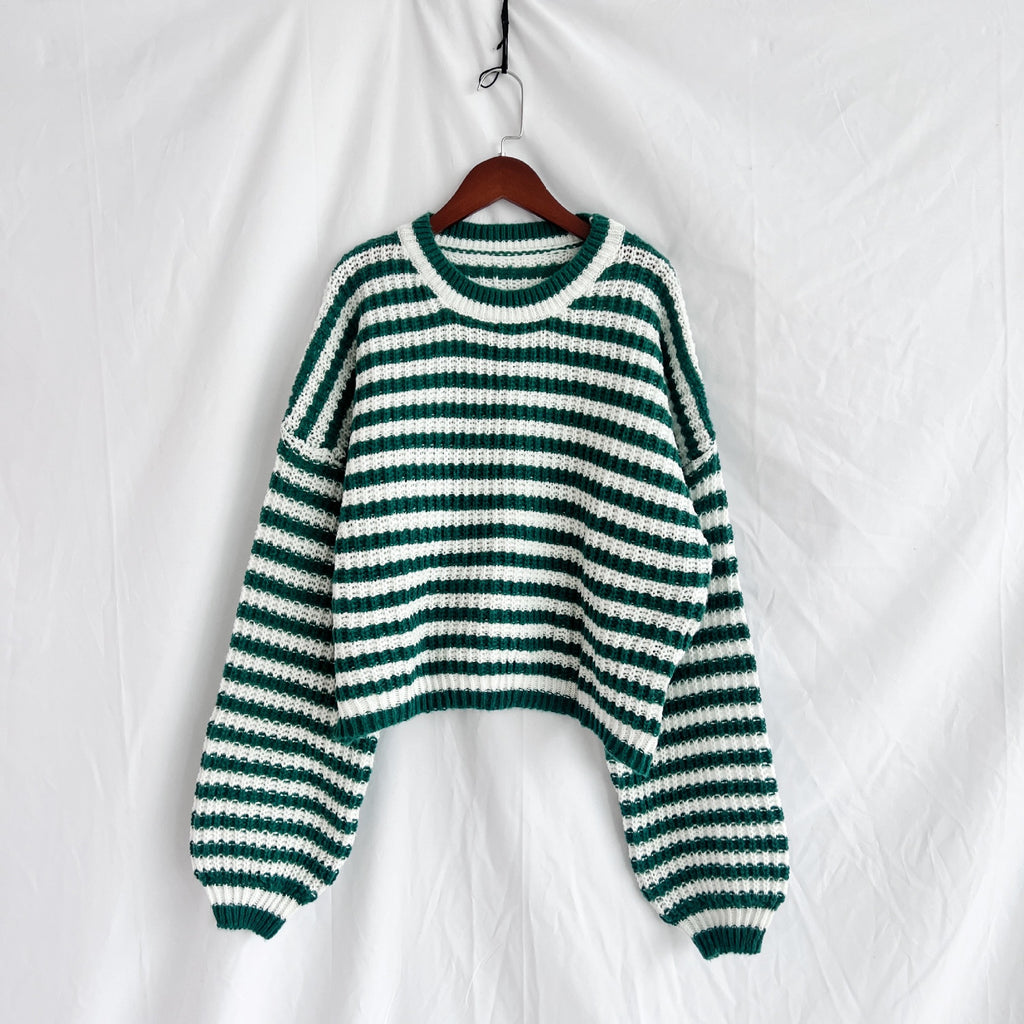 Striped Balloon Sleeve Cropped Knit Sweater - Green