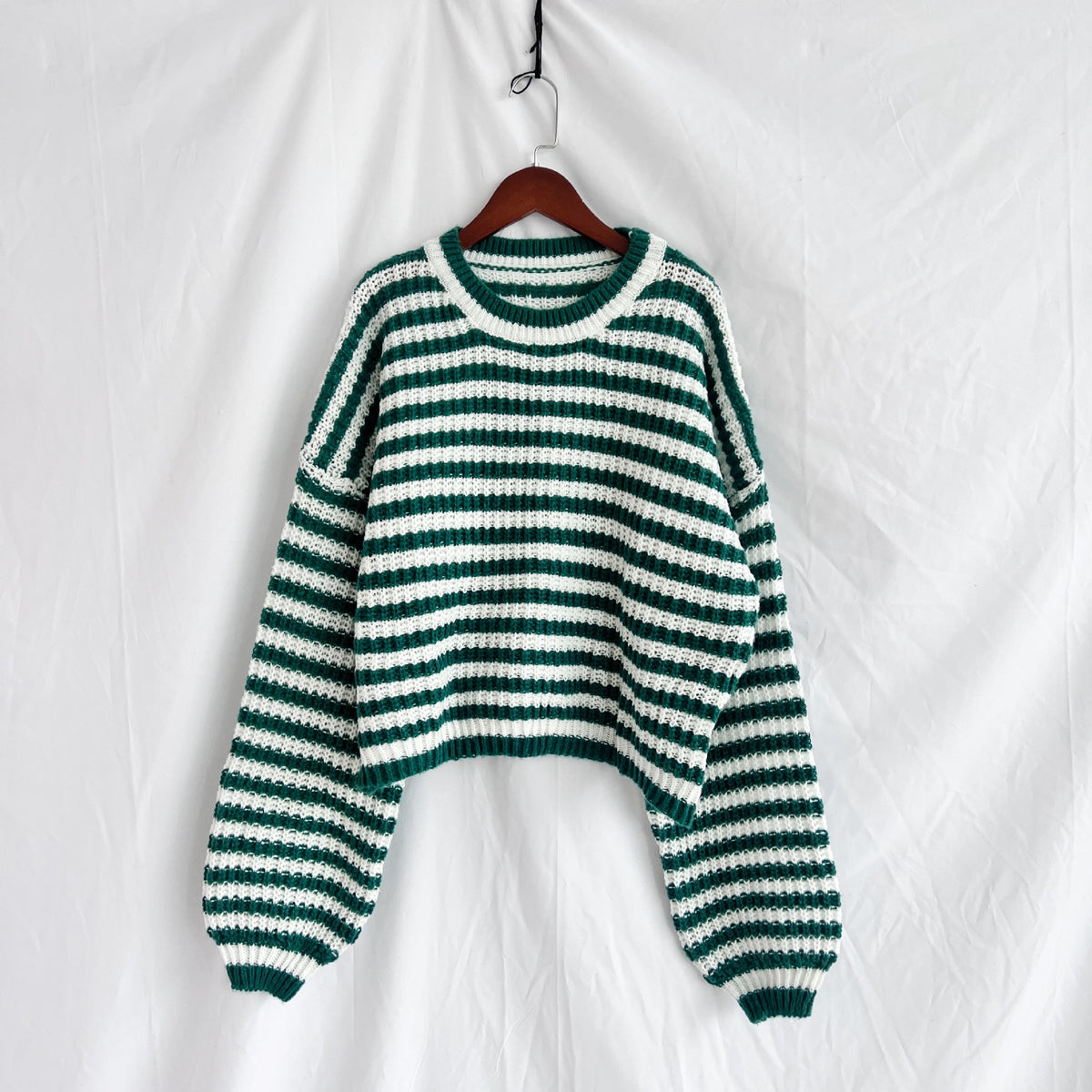 Striped Balloon Sleeve Cropped Knit Sweater - Green