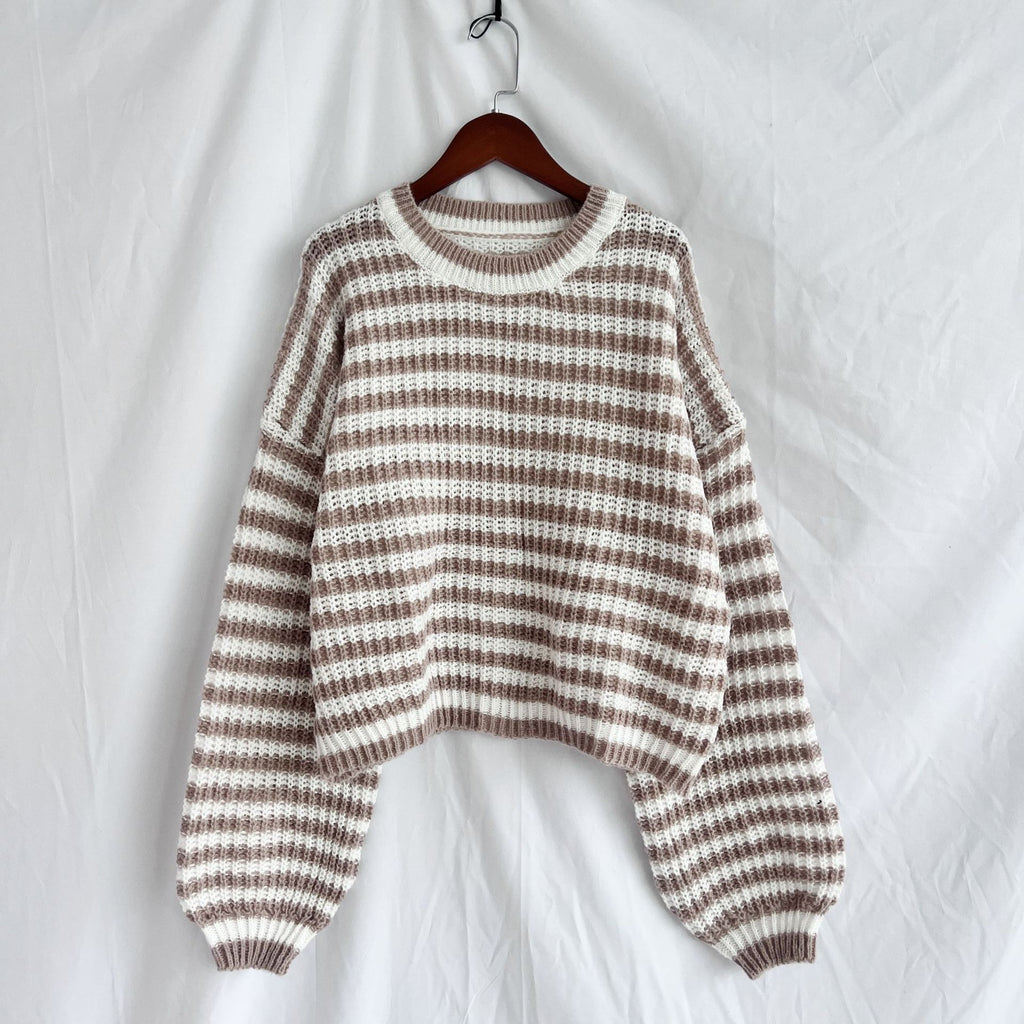 Striped Balloon Sleeve Cropped Knit Sweater - Khaki