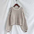Striped Balloon Sleeve Cropped Knit Sweater - Khaki