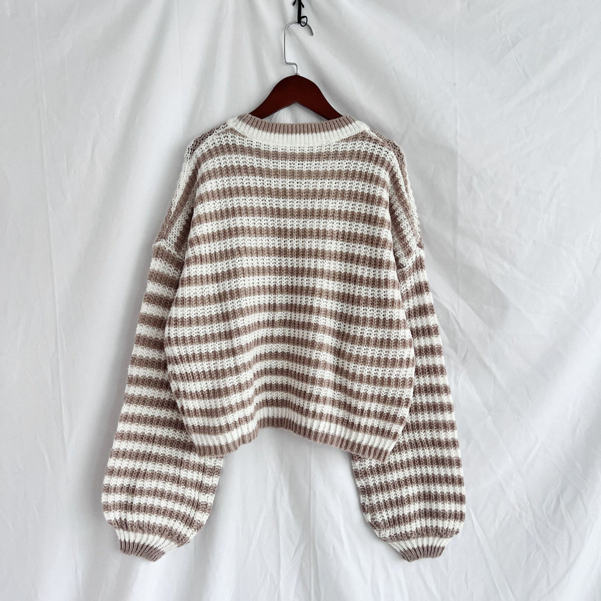 Striped Balloon Sleeve Cropped Knit Sweater - Khaki - 1
