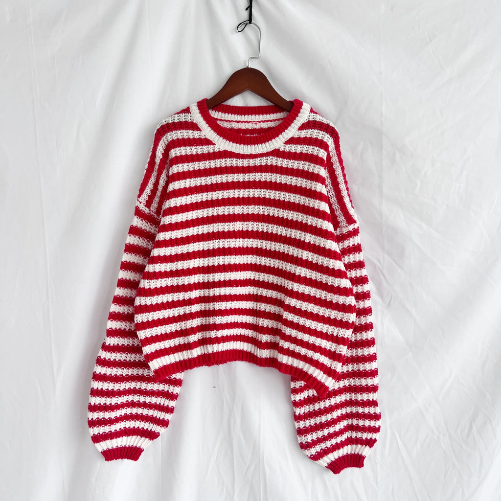 Striped Balloon Sleeve Cropped Knit Sweater - Red