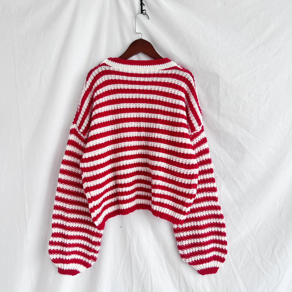 Striped Balloon Sleeve Cropped Knit Sweater - Red - 1