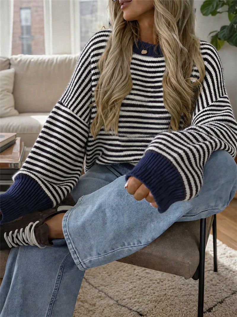 Oversized Striped Crew Neck Sweater with Contrast Cuffs - Navy