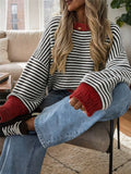Oversized Striped Crew Neck Sweater with Contrast Cuffs - RustRed