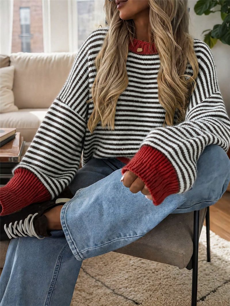 Oversized Striped Crew Neck Sweater with Contrast Cuffs - RustRed