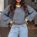 Oversized Striped Crew Neck Sweater with Contrast Cuffs - Yellow