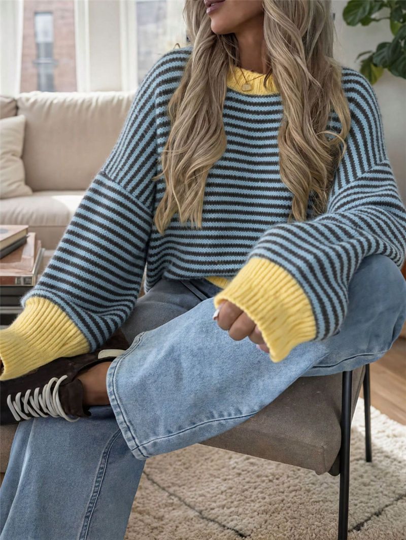 Oversized Striped Crew Neck Sweater with Contrast Cuffs - Yellow - 1