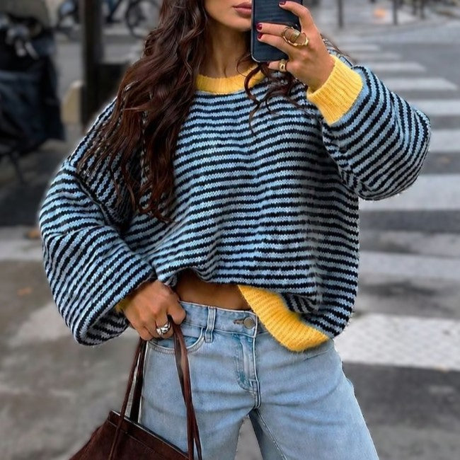 Oversized Striped Crew Neck Sweater with Contrast Cuffs - Yellow - 2