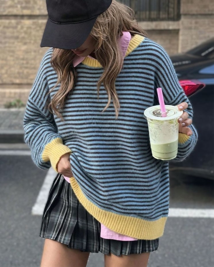Oversized Striped Crew Neck Sweater with Contrast Cuffs - Yellow - 3