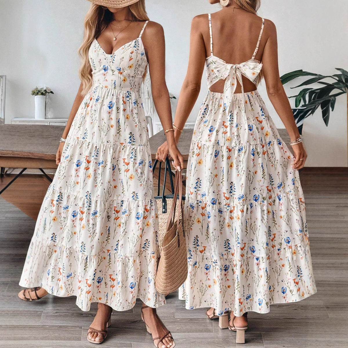 Tiered Maxi Sundress With Open Bow Back - Floral
