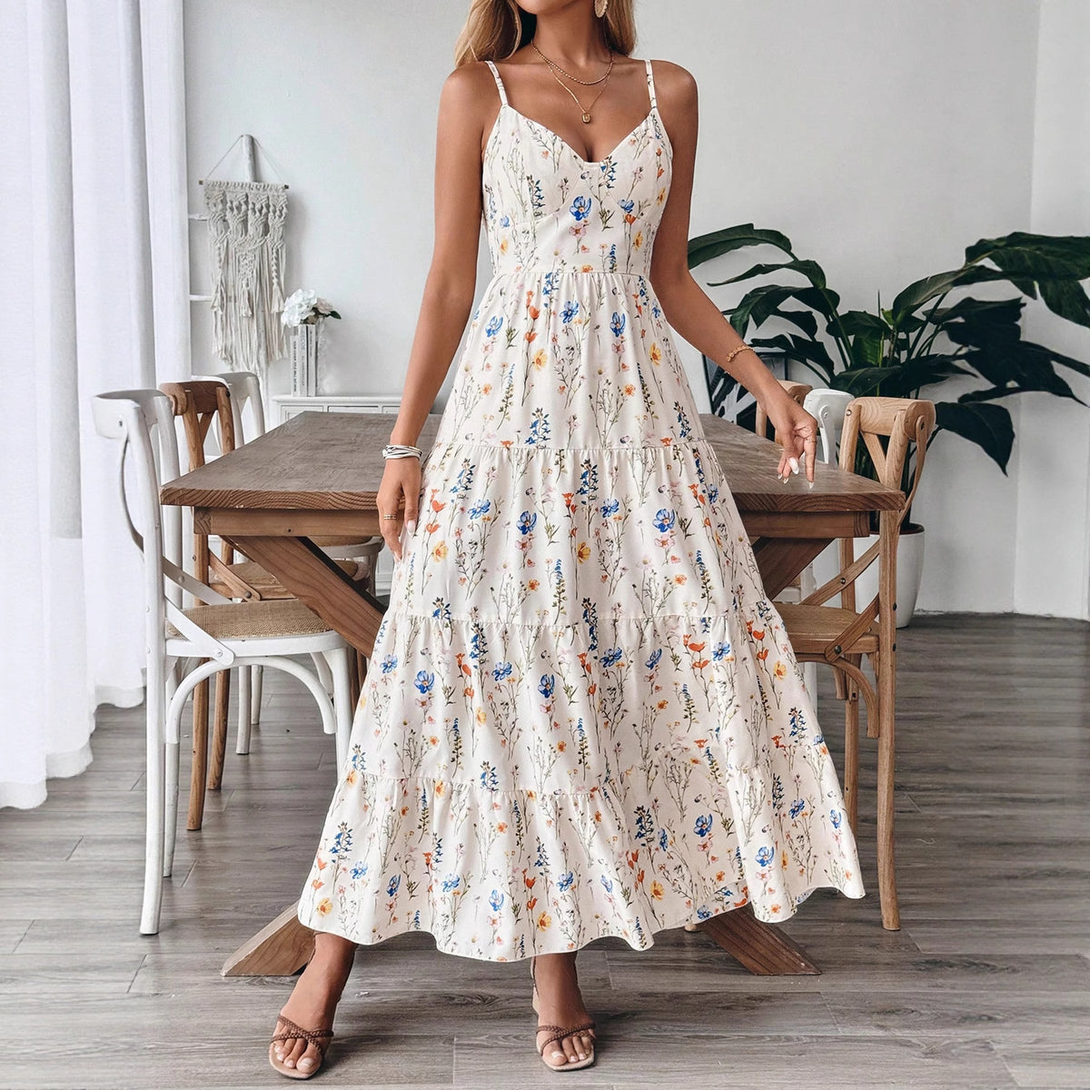 Tiered Maxi Sundress With Open Bow Back - Floral - 2