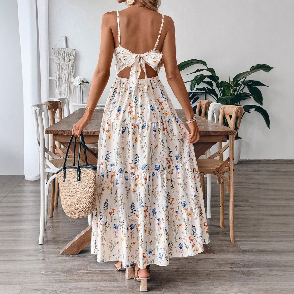 Tiered Maxi Sundress With Open Bow Back - Floral - 4