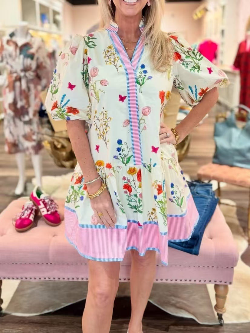 Botanical Floral Puff Sleeve Tiered Mini Dress - white