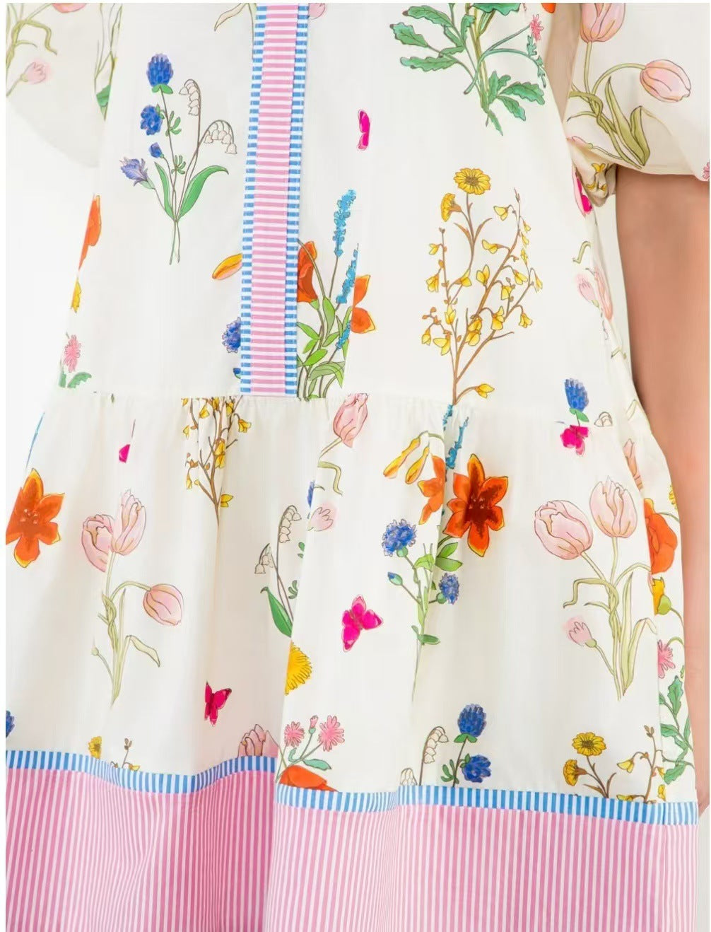Botanical Floral Puff Sleeve Tiered Mini Dress - white - 3