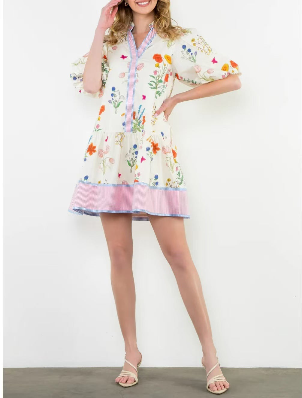 Botanical Floral Puff Sleeve Tiered Mini Dress - white - 4