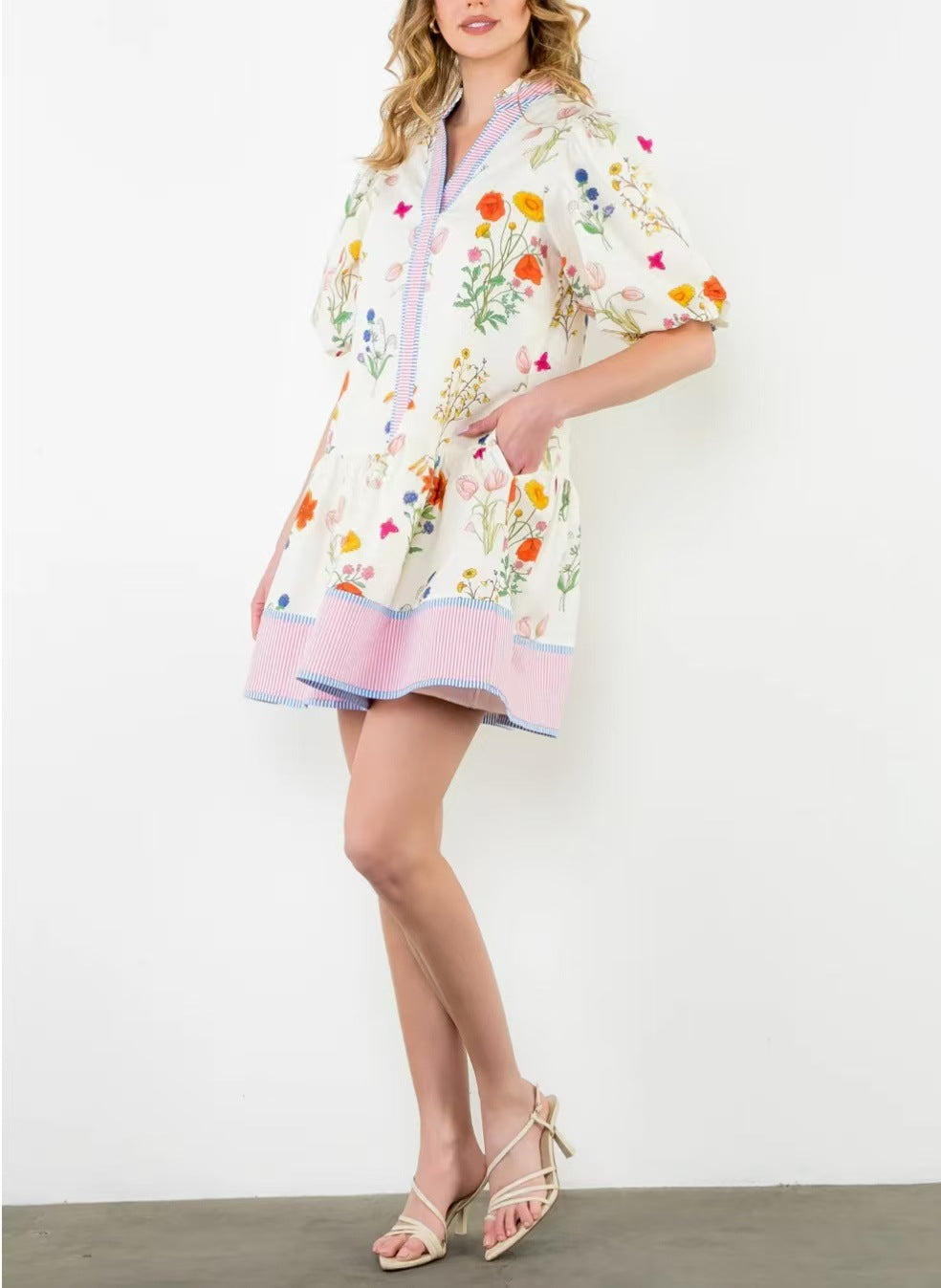 Botanical Floral Puff Sleeve Tiered Mini Dress - white - 5