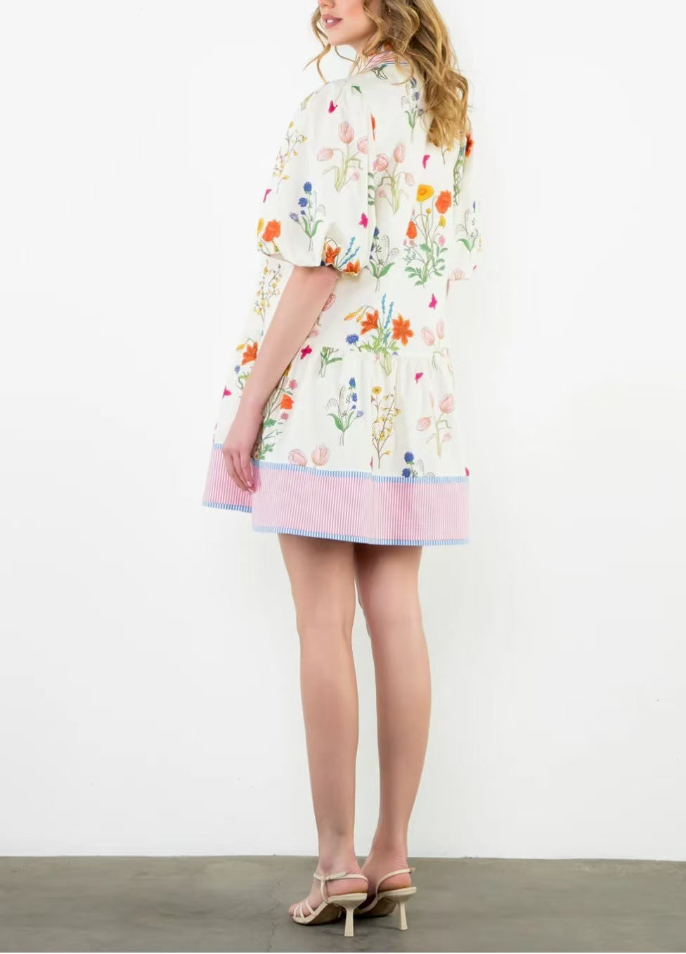 Botanical Floral Puff Sleeve Tiered Mini Dress - white - 6