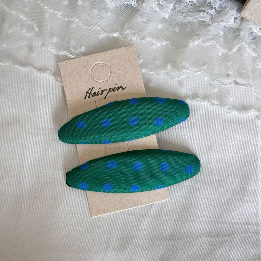 Dotted Fabric Snap Hair Clips Set - Green