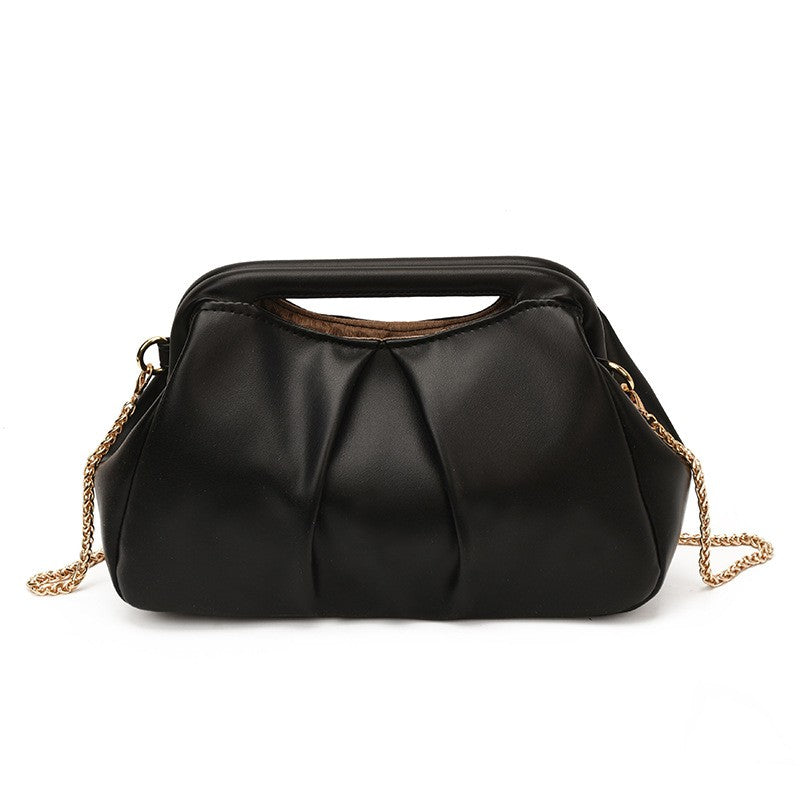 Ruched Frame Crossbody Bag with Chain Strap - Black