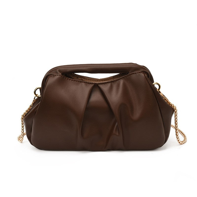 Ruched Frame Crossbody Bag with Chain Strap - Chocolate