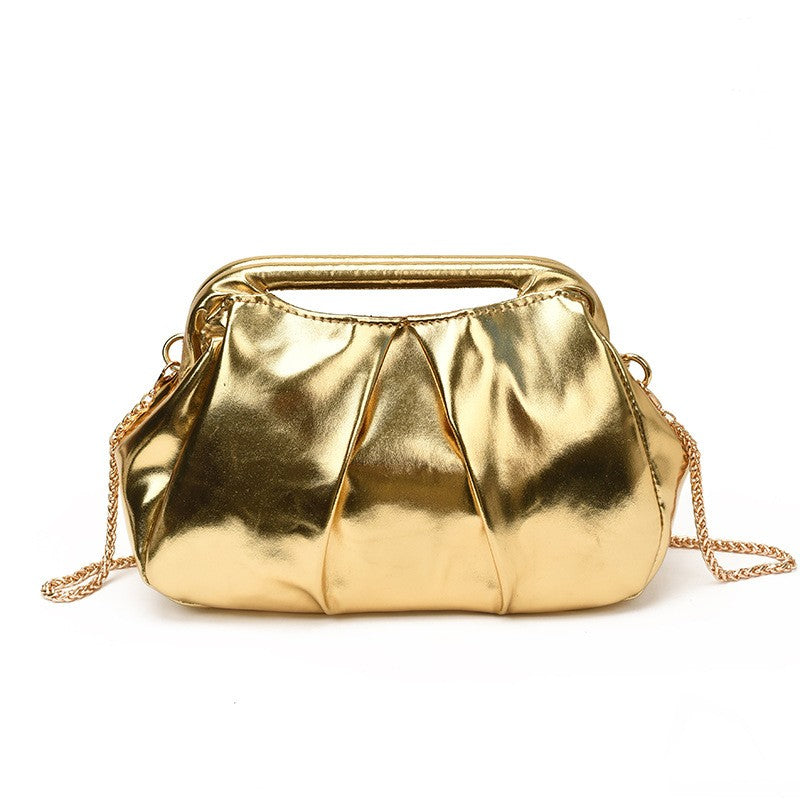 Ruched Frame Crossbody Bag with Chain Strap - Gold