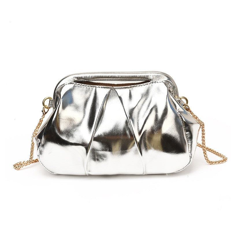 Ruched Frame Crossbody Bag with Chain Strap - Silver