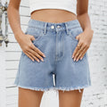 High Waist Raw Hem Denim Shorts - Blue