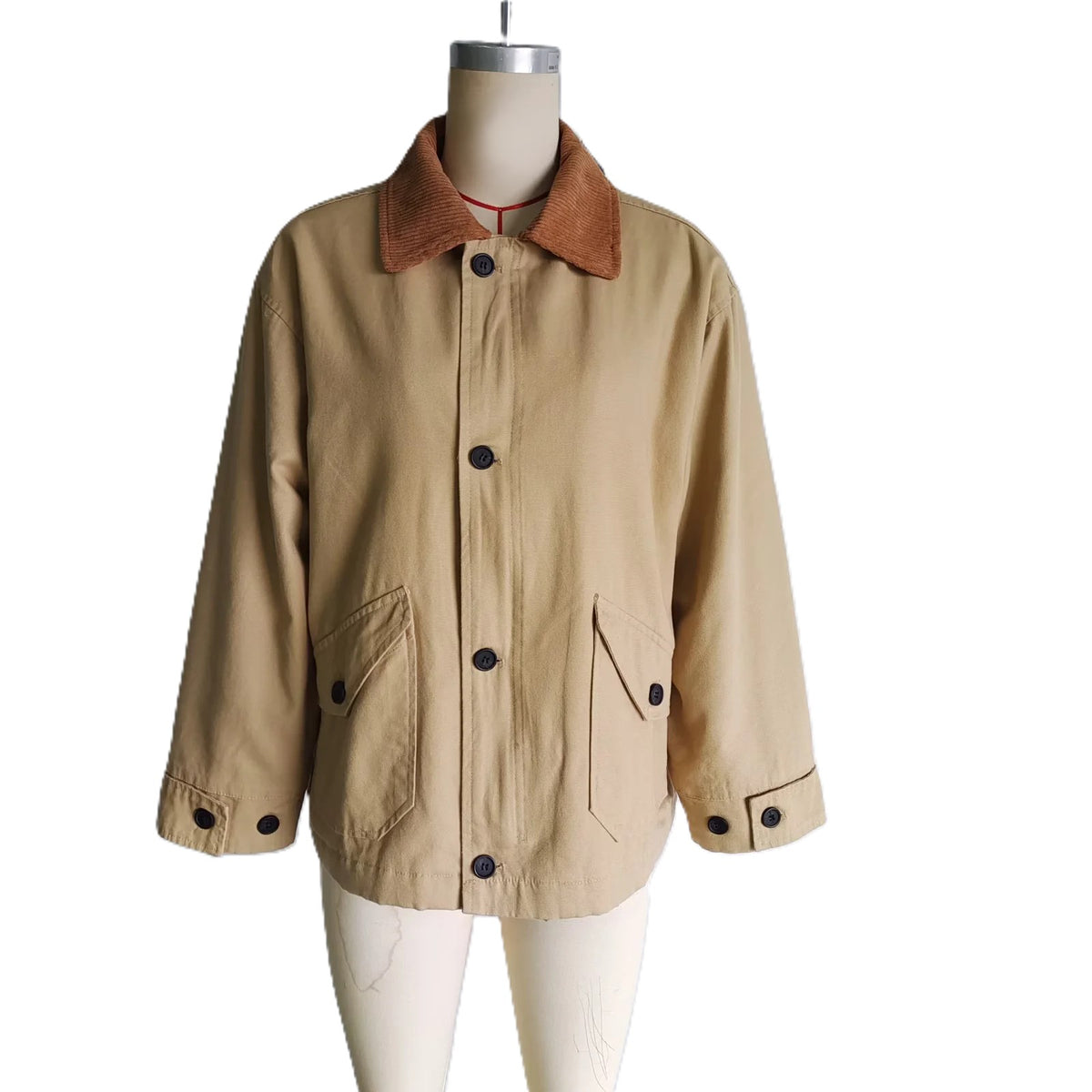 Corduroy Collar Oversized Chore Jacket - Khaki