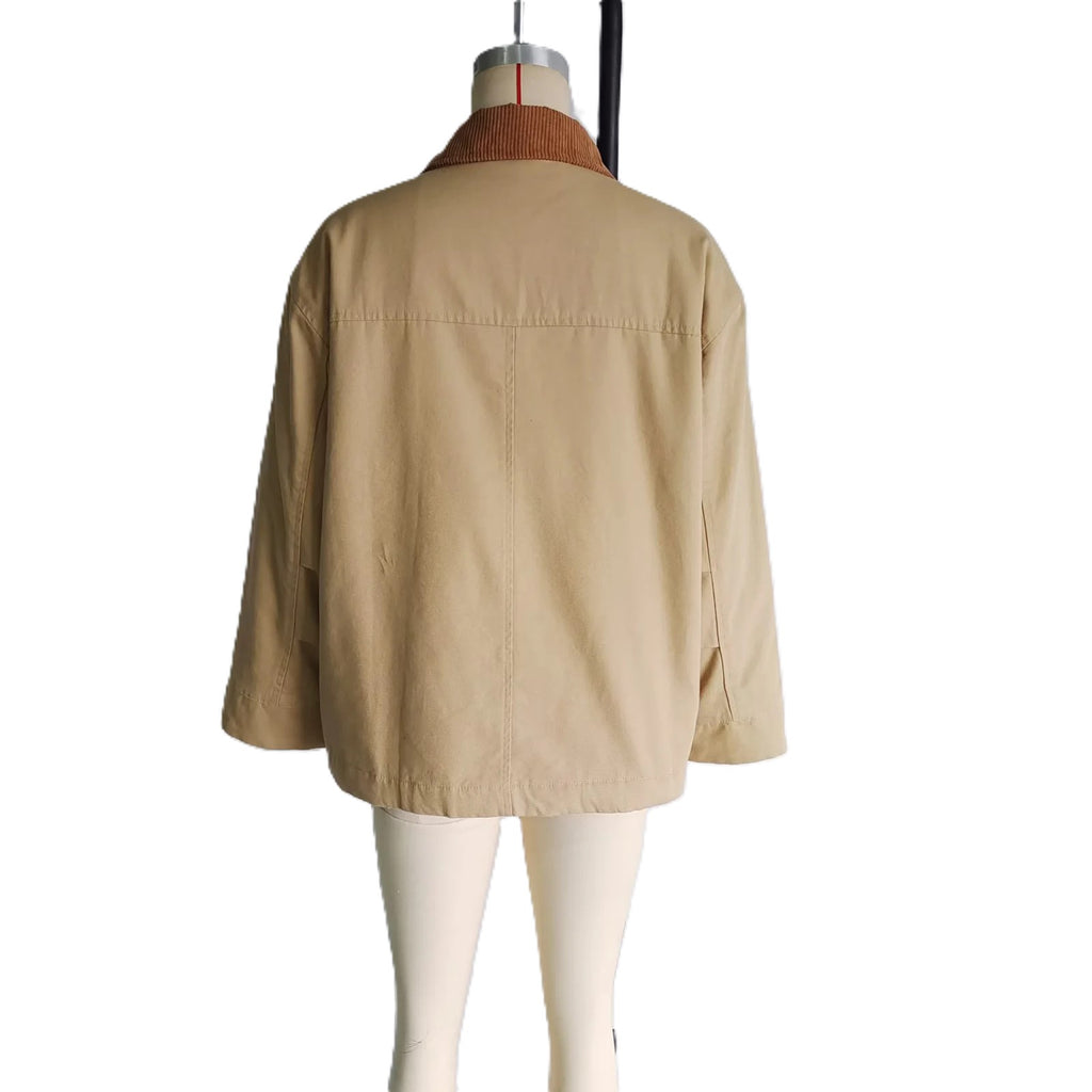 Corduroy Collar Oversized Chore Jacket - Khaki - 1