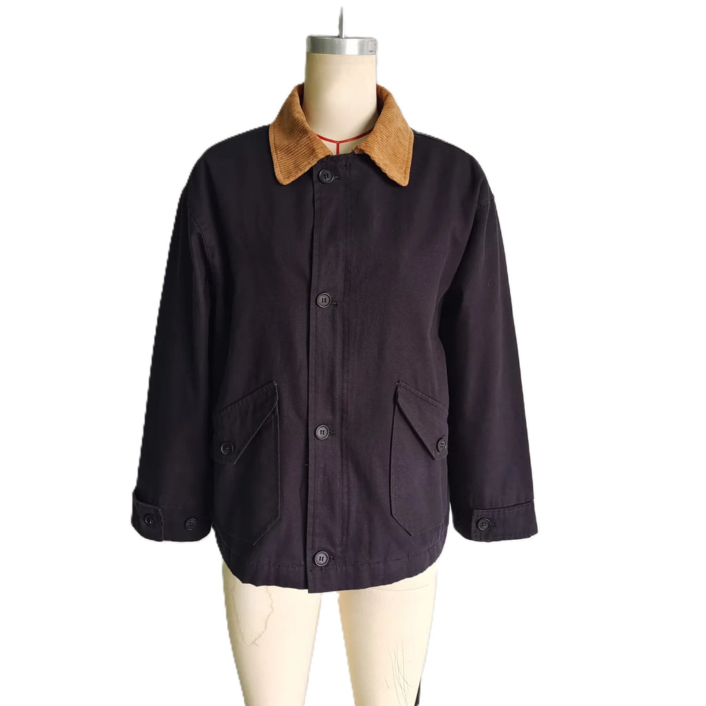 Corduroy Collar Oversized Chore Jacket - Navyblue