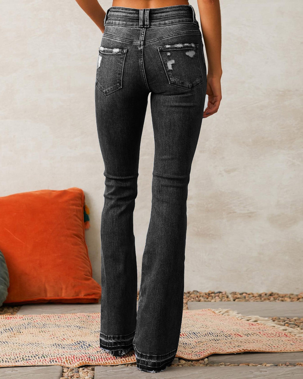 Distressed High Rise Bootcut Flare Jeans - Black - 1