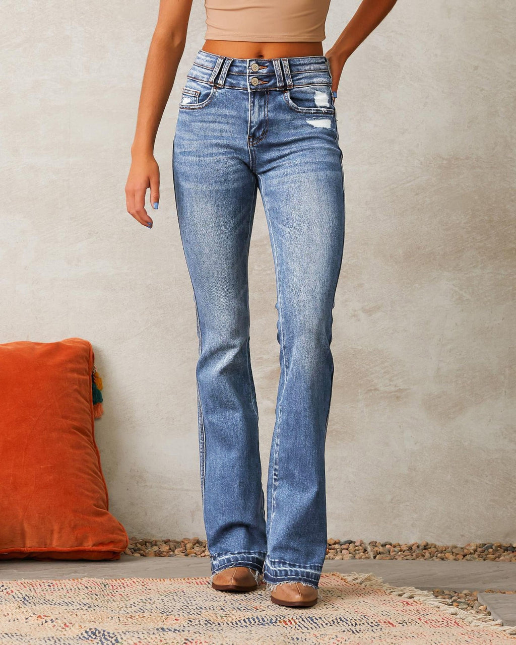 Distressed High Rise Bootcut Flare Jeans - Blue