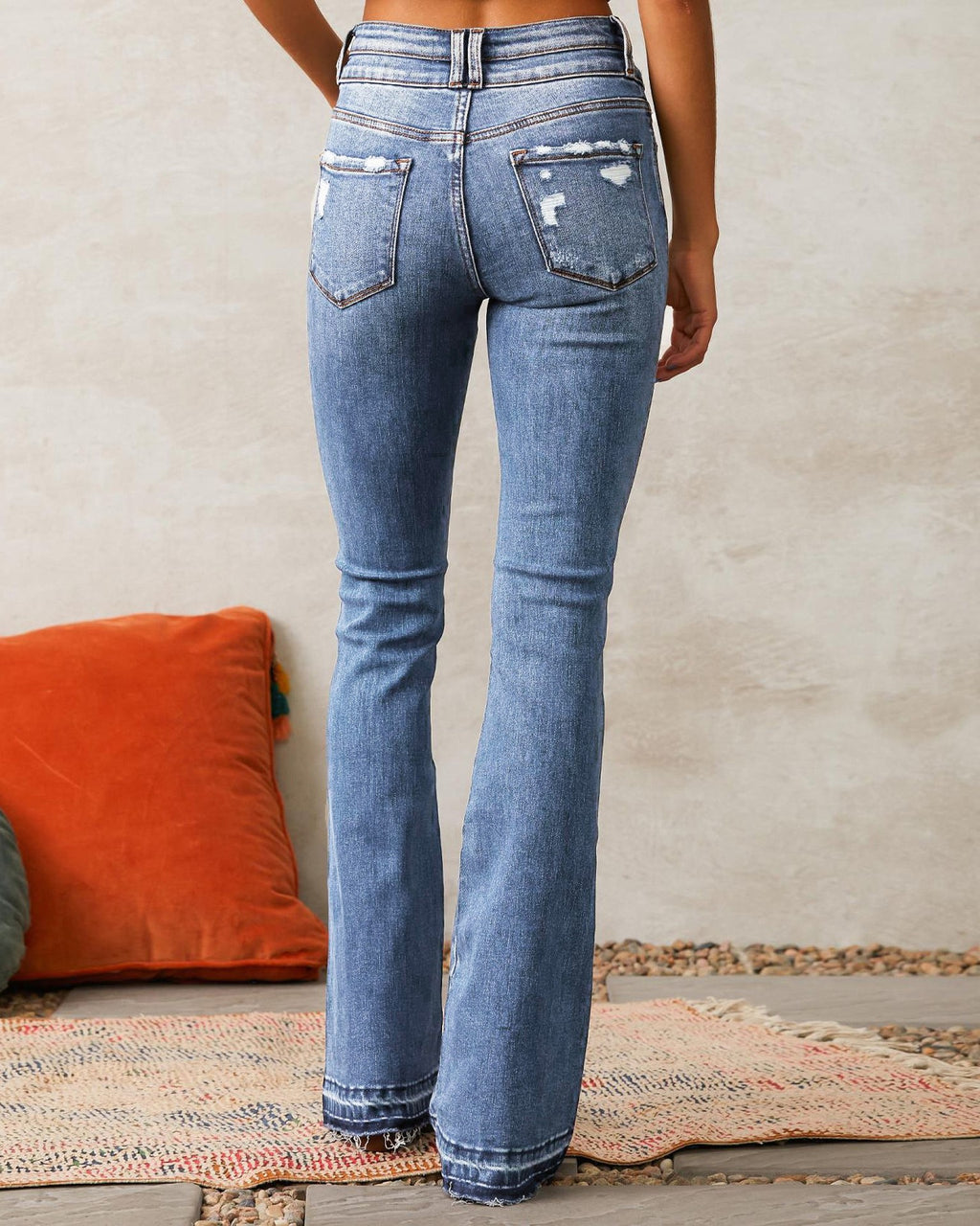 Distressed High Rise Bootcut Flare Jeans - Blue - 1
