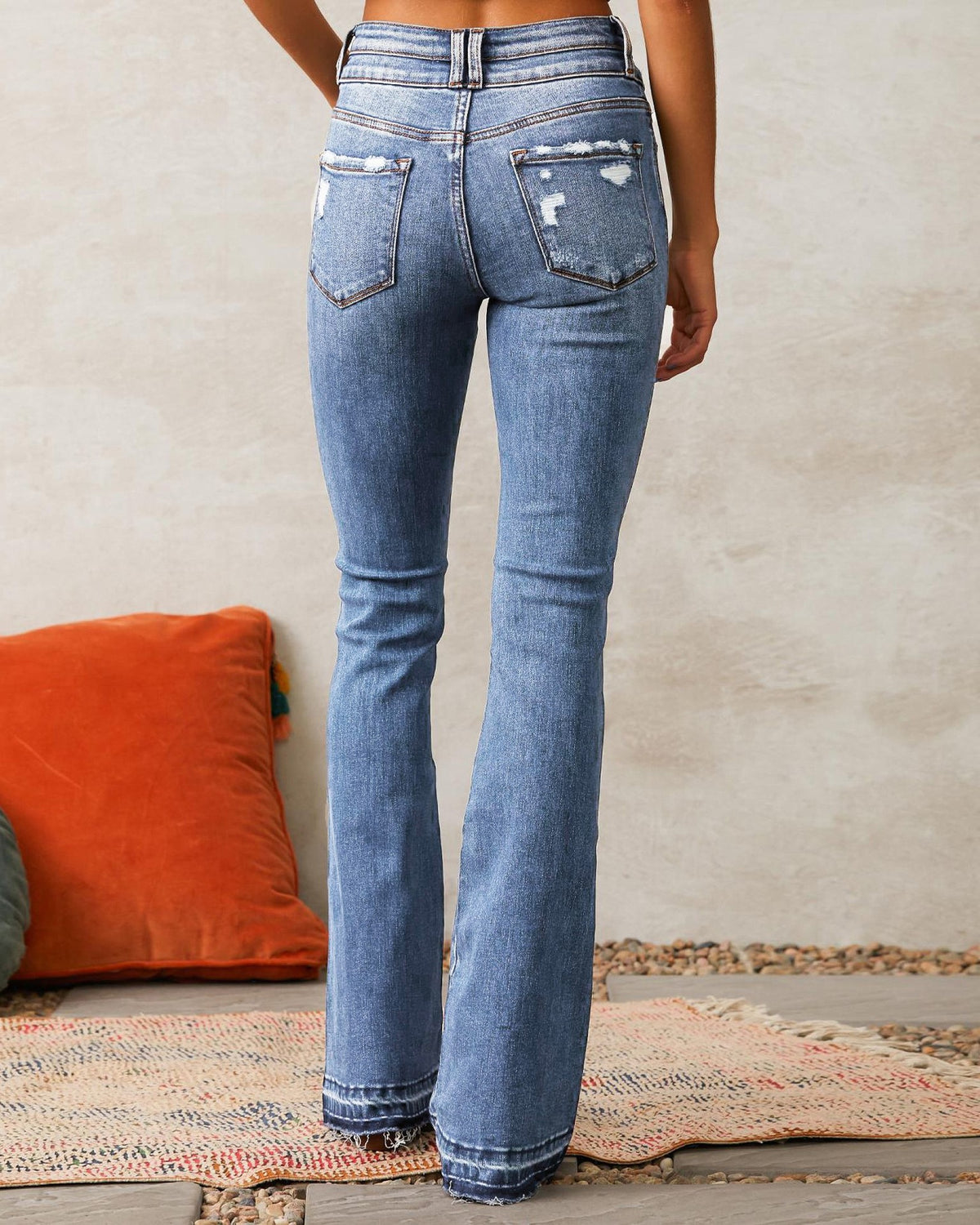 Distressed High Rise Bootcut Flare Jeans - Blue - 1