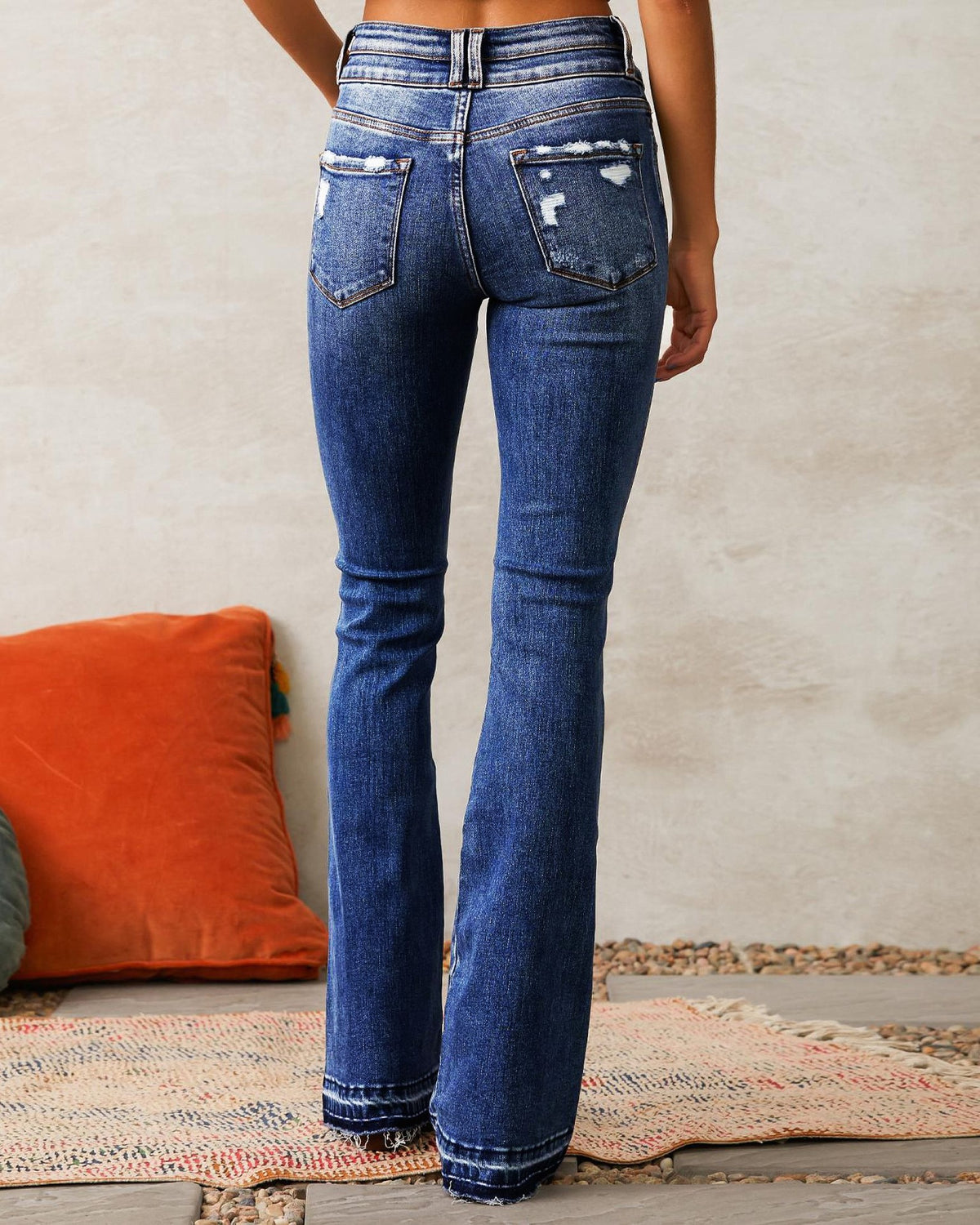 Distressed High Rise Bootcut Flare Jeans - DarkBlue - 1