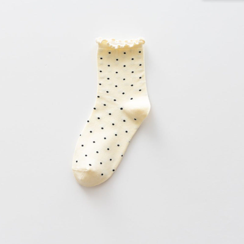 Polka Dot Lettuce Trim Crew Socks - Beige