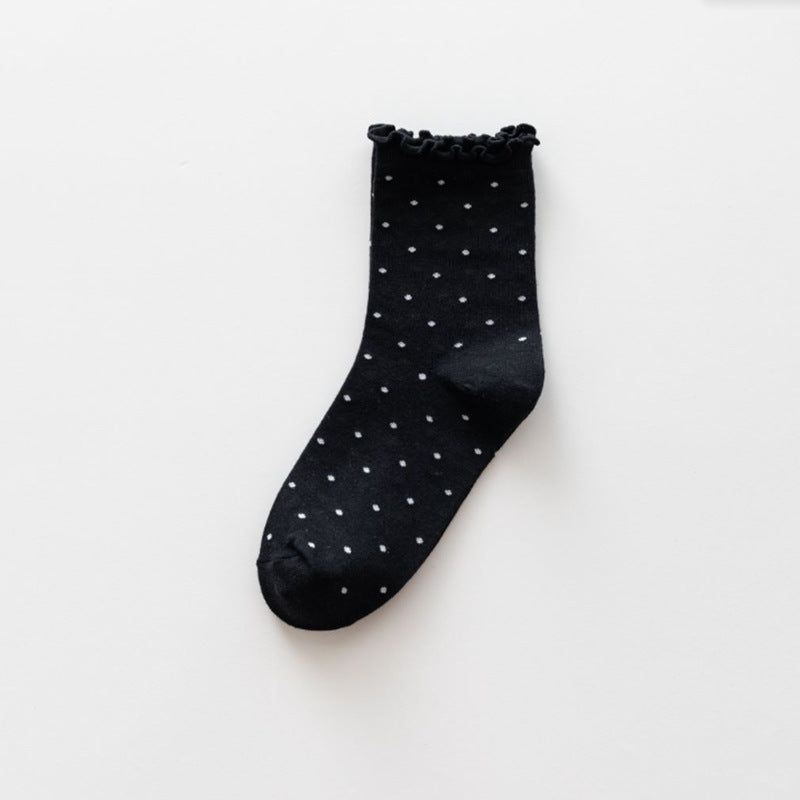 Polka Dot Lettuce Trim Crew Socks - Black