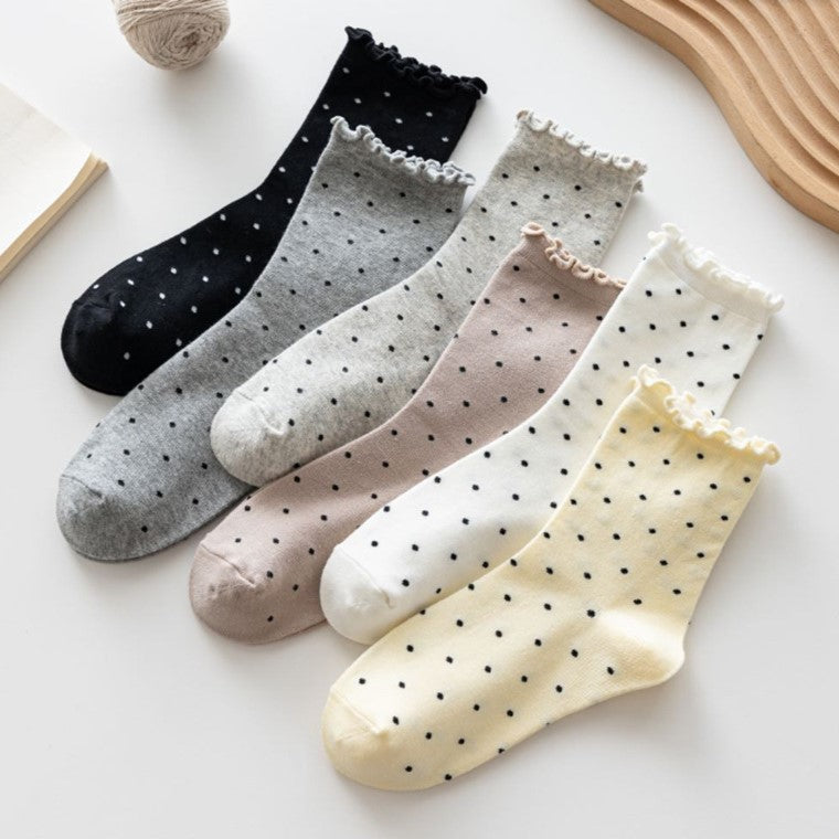 Polka Dot Lettuce Trim Crew Socks - Grey