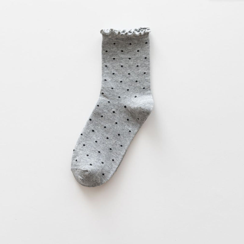 Polka Dot Lettuce Trim Crew Socks - Grey - 1