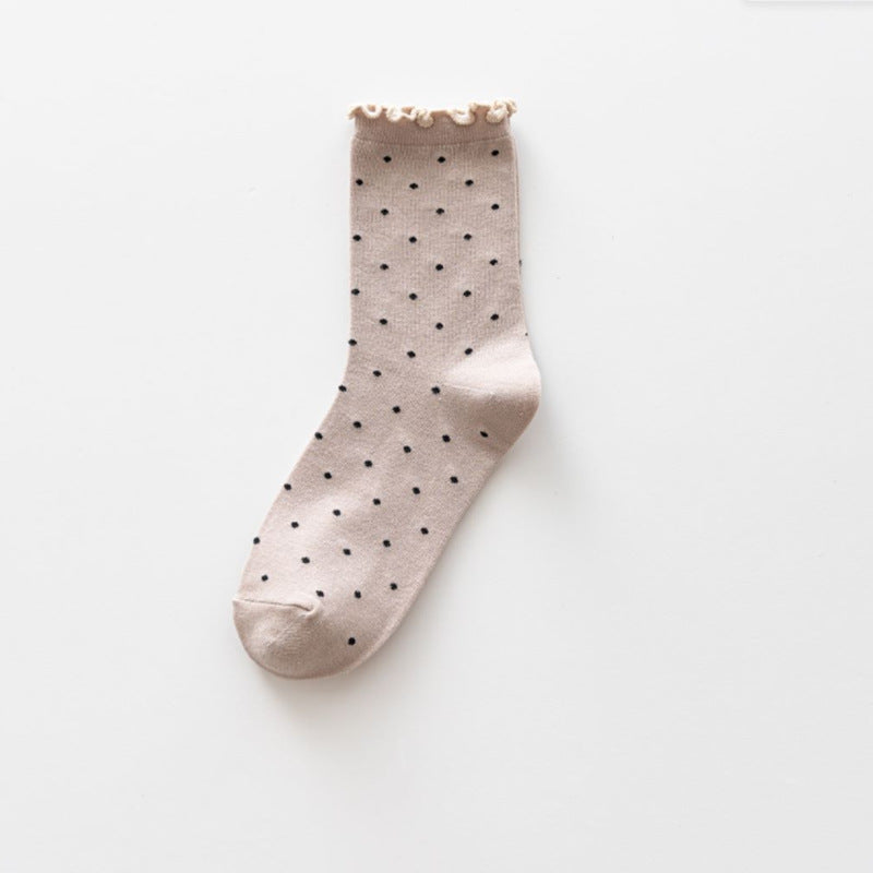 Polka Dot Lettuce Trim Crew Socks - Khaki