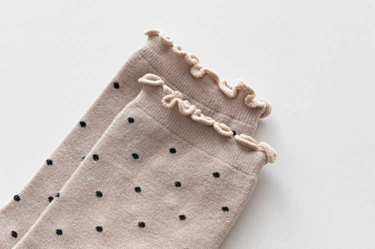 Polka Dot Lettuce Trim Crew Socks - Khaki - 1