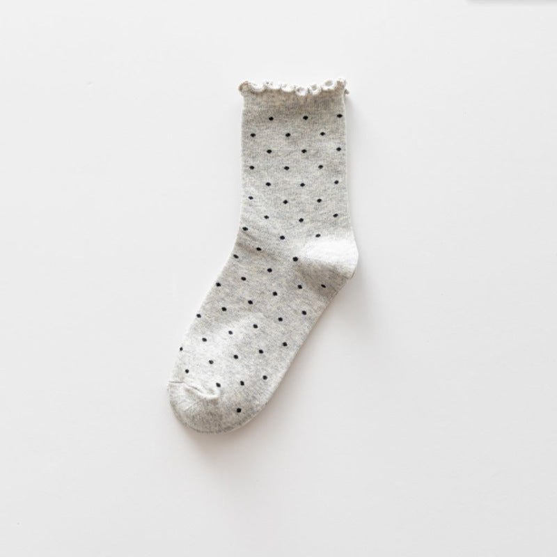 Polka Dot Lettuce Trim Crew Socks - LgGray